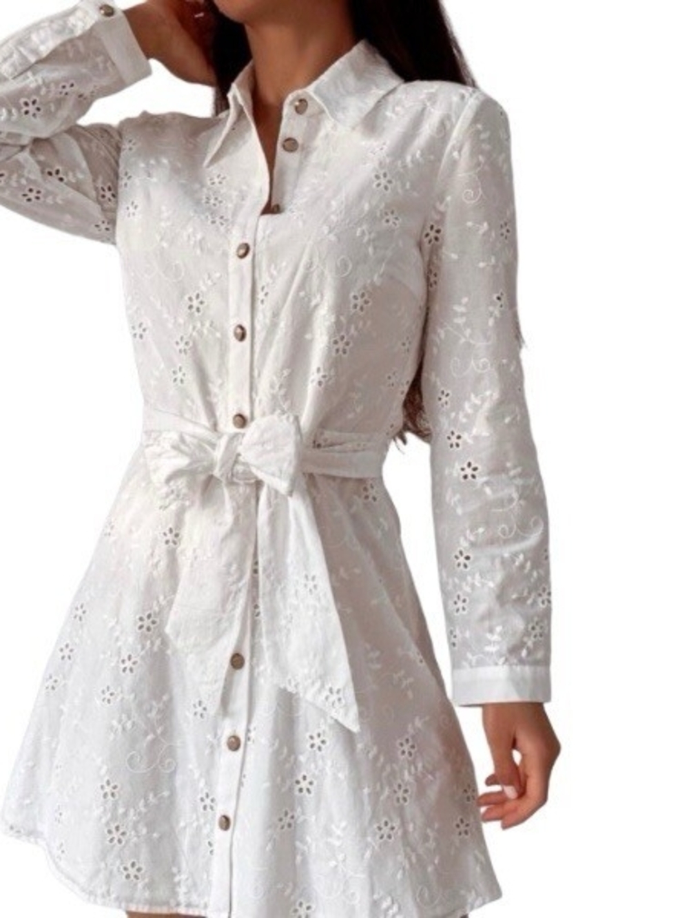Zara White Eyelet Long-Sleeve Shirt Dress with Waist Tie Size Small